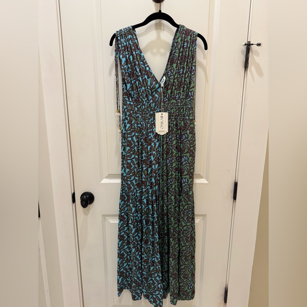 Blue and Green Sleeveless Maxi Wrap Dress for Wedding Guest